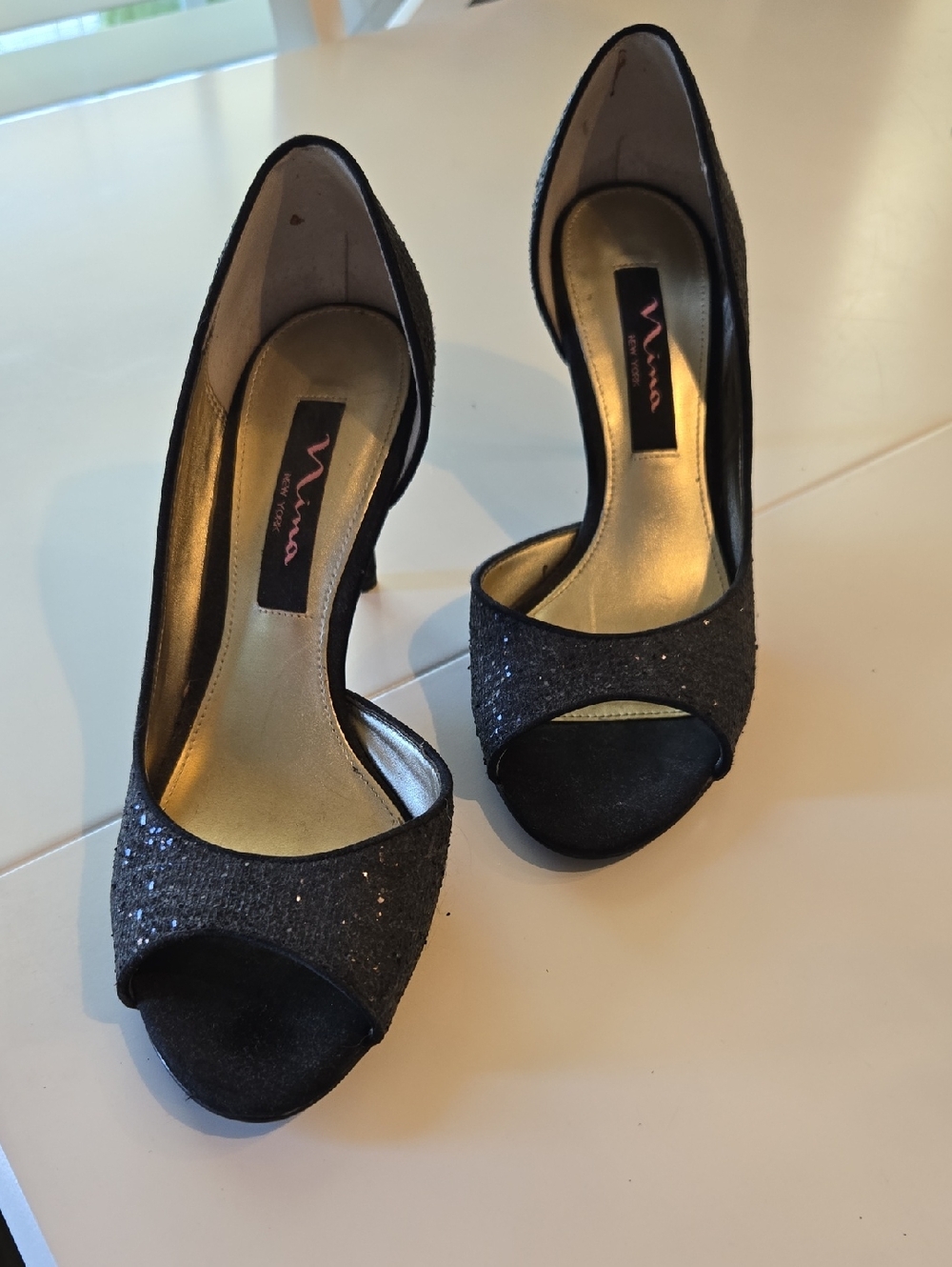 Nina Black Glitter Open-Toe Heels